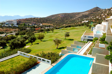 View from luxury hotel on golf field, Crete, Greece