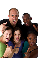 Obraz premium Young fresh multiracial group giving thumbs up sign and are real