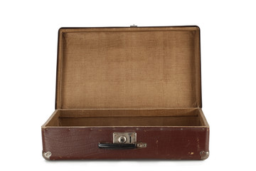 Vintage brown leather suitcase, open.