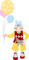 A little girl in a blue hat with balloons.Drawing .