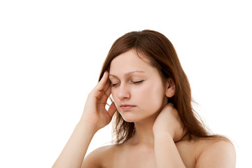 Fototapeta premium Woman massaging pain head isolated on white