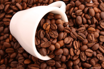 Small white cup of coffee with coffee grain on grain background