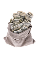 Dollar Geldscheine in einem Sack