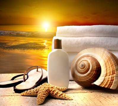 Beach accessories with a golden sunset