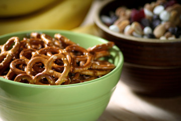 pretzels in bowl with other snacks