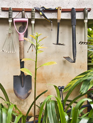 Outils de jardin sur un mur