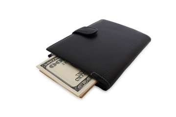Black wallet with the pack of dollars.