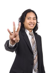 Long hair man give number three by hand gesture