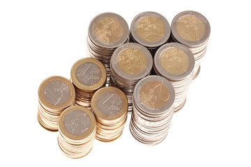 Arrow shaped euro coins pointing up isolated on white background