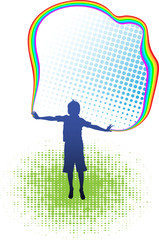 Silhouette of the boy which jumps through a rainbow