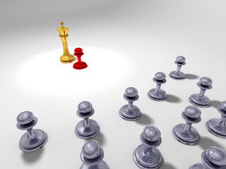 Red pawn in front of a golden king with grey pawns in background