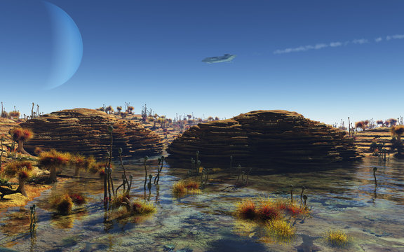 Spaceship flying over an alien planet landscape
