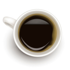 Top view of black coffee cup. Photo-realistic vector.