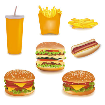 Photo-realistic vector. Big group of fast food products.