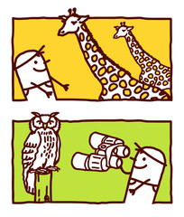 man with giraffes & owl