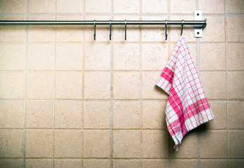 Kitchen, towel on wall vintage utensils