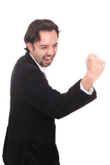 Fototapeta premium Laughing business man with hand clenched to fist