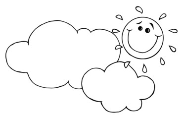 Outlined Smiling Sun Behind Cloud Cartoon Character