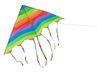 Toy a bright kite on a background of the blue sky