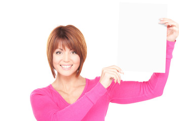 happy woman with blank board