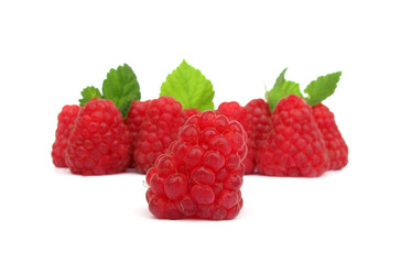 Raspberries with green leaves