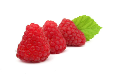 Three raspberries with green leaves