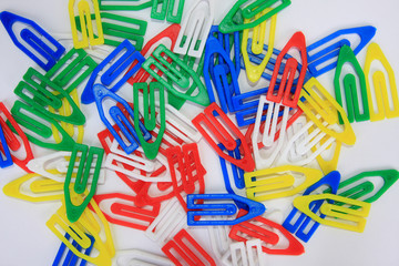 plastic paper clips in white background