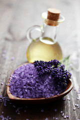 Fototapeta na wymiar lavender bath salt and massage oil