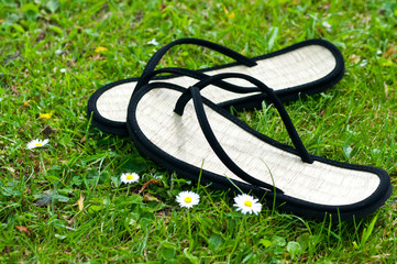 a pair of black flip flops on grass