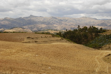 Fototapeta premium Fields and landscape around Maras, Sacred valley, Peru