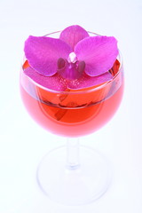 Glass of pink wine decorated with a violet orchid flower