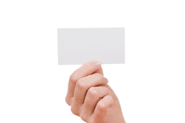 Hand and a card isolated on white