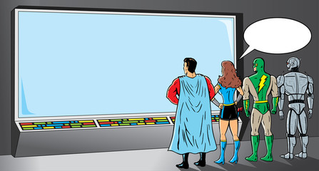 Superheroes looking at screen - obrazy, fototapety, plakaty