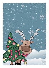 reindeer behind christmas tree