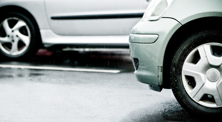 Traffic jam in flooded highway cause rain