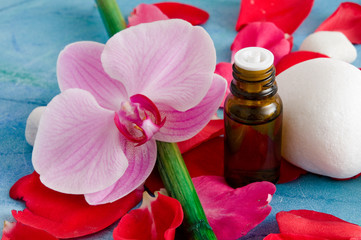 Tropffläschchen, Blütenblätter, Kieselstein und Orchideenblüte