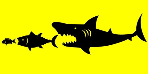 Big fish prey on smaller fish. Business competition and survival concept vector illustration.