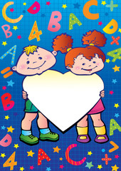 School childhood. Children with heart, letters and numbers.