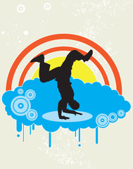 Breakdancing silhouette with urban design elements