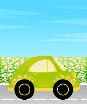 cartoon car on a background summer landscape