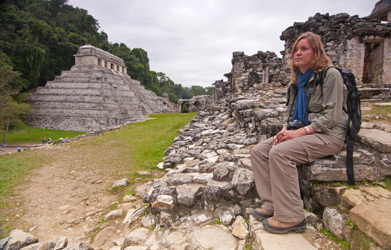 Blonde Female Hiker at the Unesco World Heritage site Palenque
