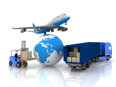 airliner with a globe and autoloader with boxes
