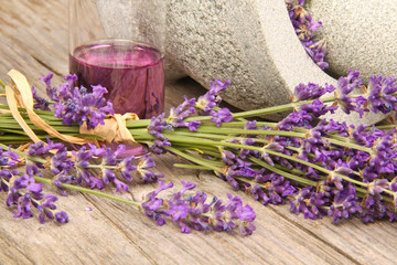 Lavender with mortar and perfume