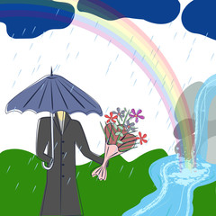 Cute greeting card with waterfall and rainbow.
