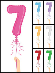 Hand holding a number 7 shaped balloon in 7 color options.