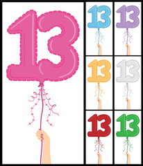Hand holding a number 13 shaped balloon in 7 color options.