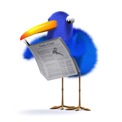 3d Blue bird reads the newspaper