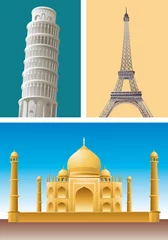 Crédence de cuisine en verre imprimé Doodle Pise eiffel emblématique Taj Mahal
