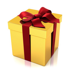 Golden present box with red silk tie