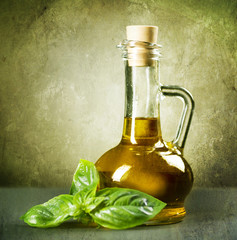 Olive Oil with fresh Basil.Vintage Styled